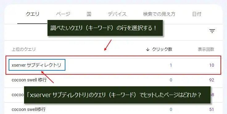 サーチコンソールで、検索キーワードから検索されたページを確認する