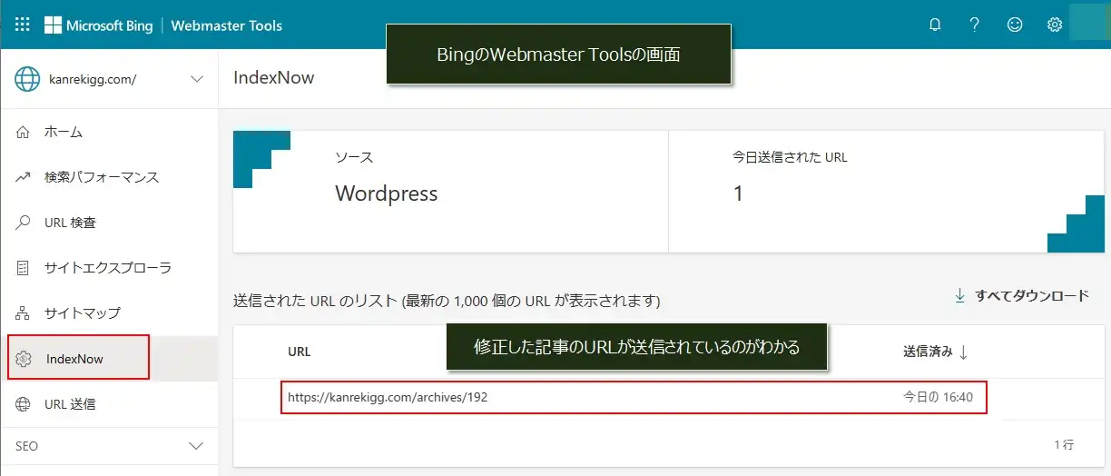 Bingの「IWebmaster Tools」の自動URL送信の結果