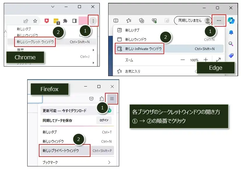 各ブラウザのシークレットウィンドウの開き方