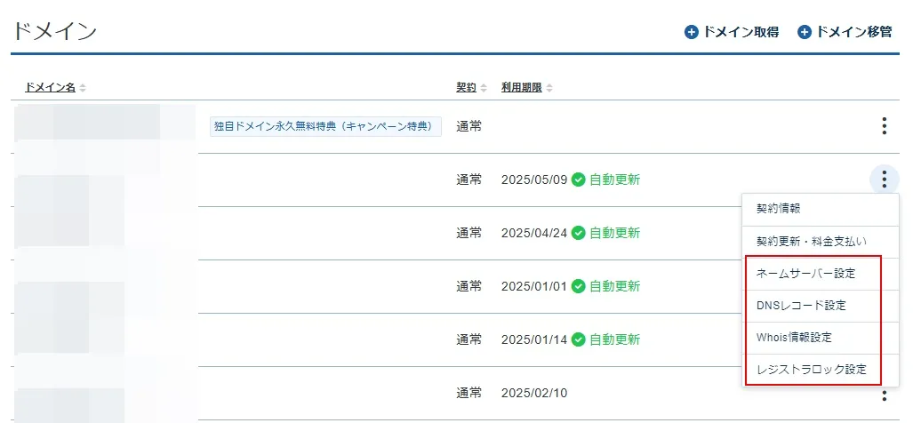 ドメインプロテクションが利用できる設定項目