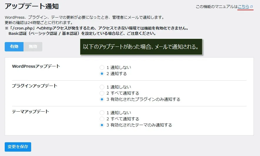 「CloudSecure WP Security 」の「アップデート通知」